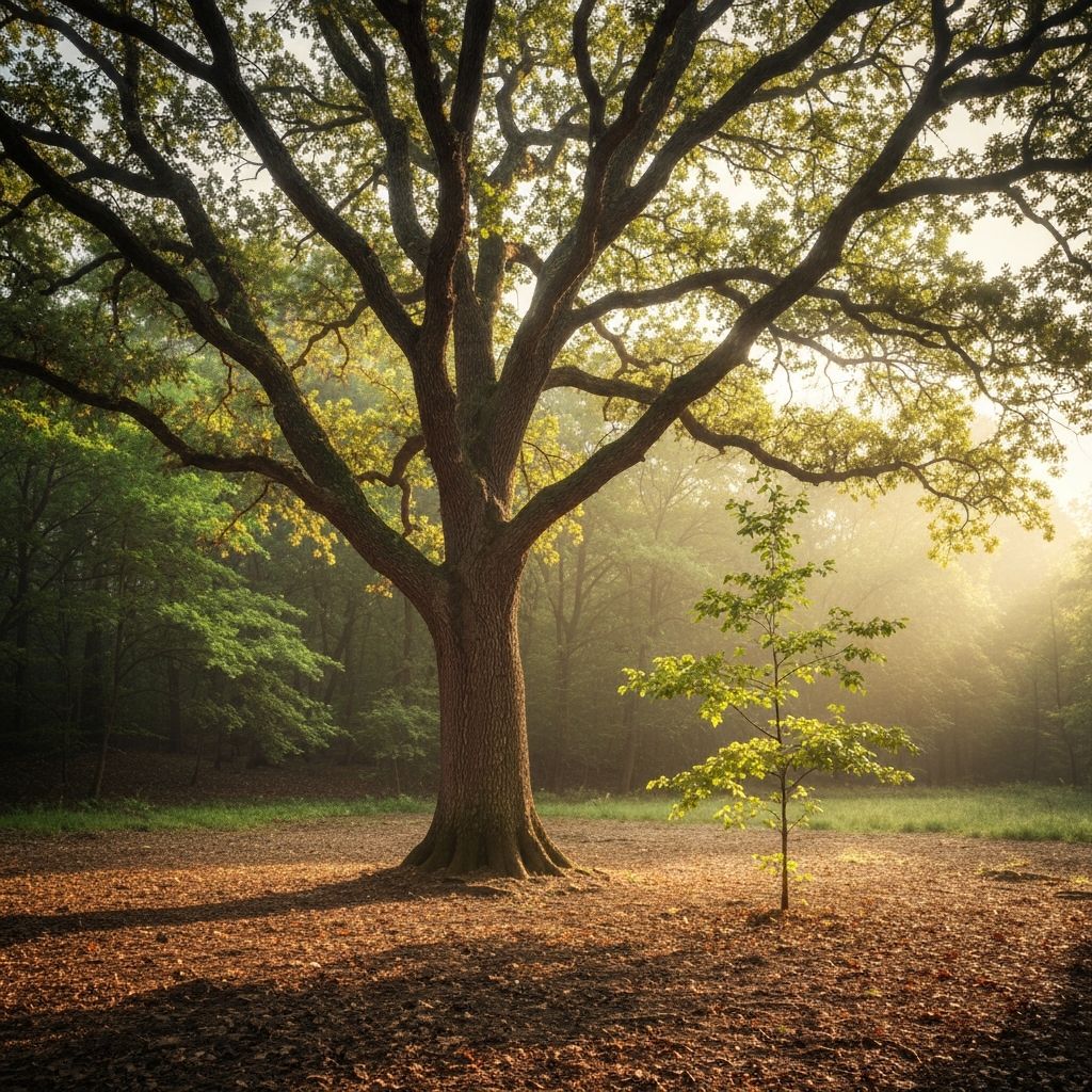 Oak tree with young sapling growing beside it